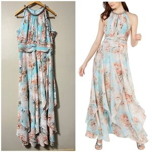 Calvin Klein Floral Maxi Long Flowy Beaded Neck Halter Party Wedding Dress Sz 12